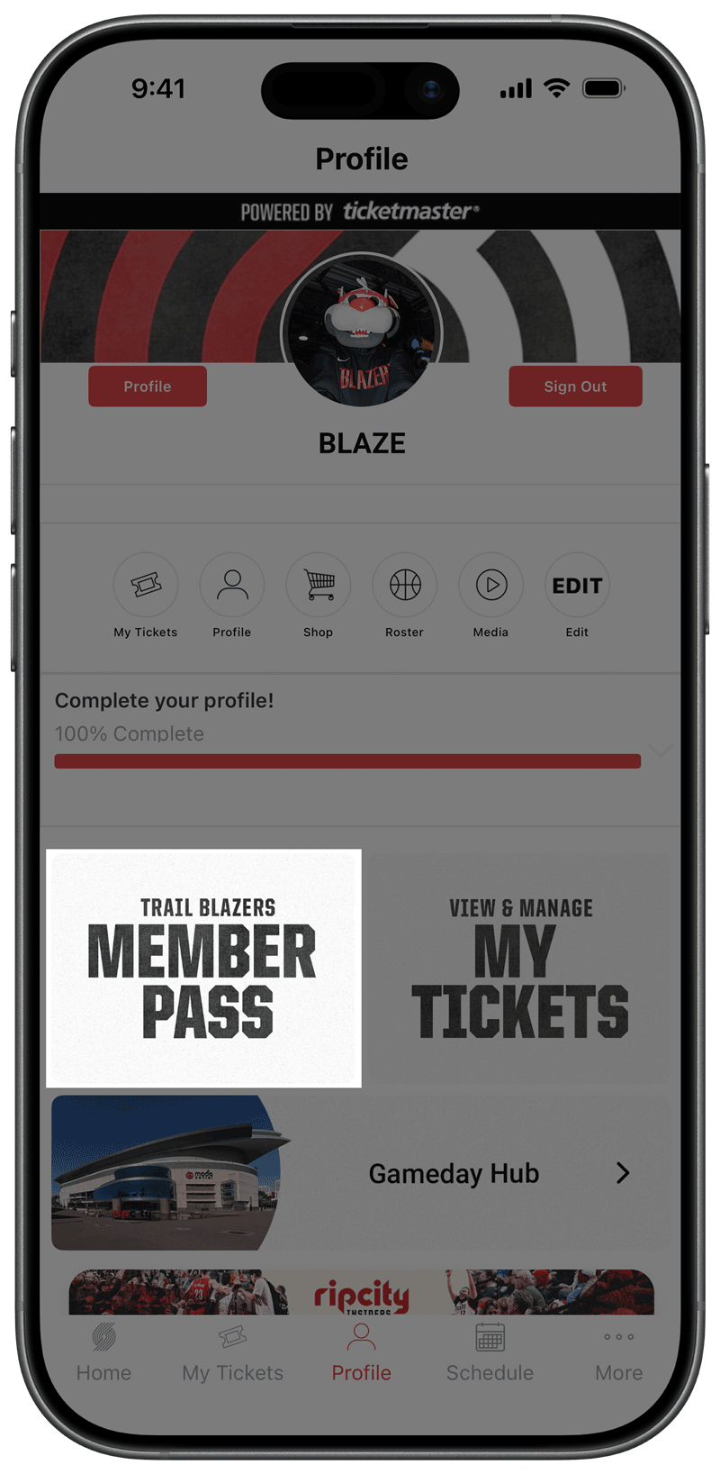 Return to your “Profile” and tap on the “Trail Blazers Member Pass” button.